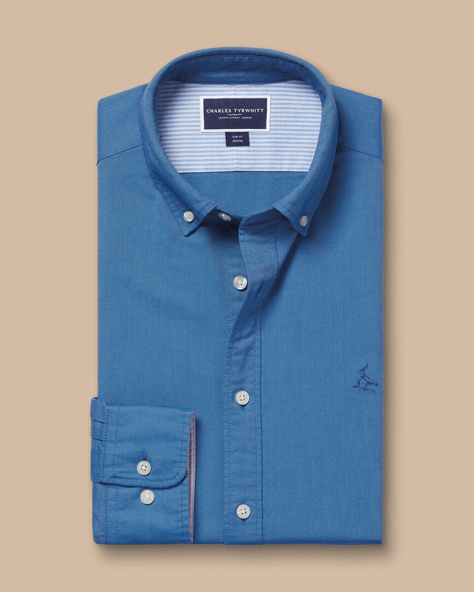 Button-Down Collar Stretch Washed Oxford Slim Fit Shirt - Ocean Blue