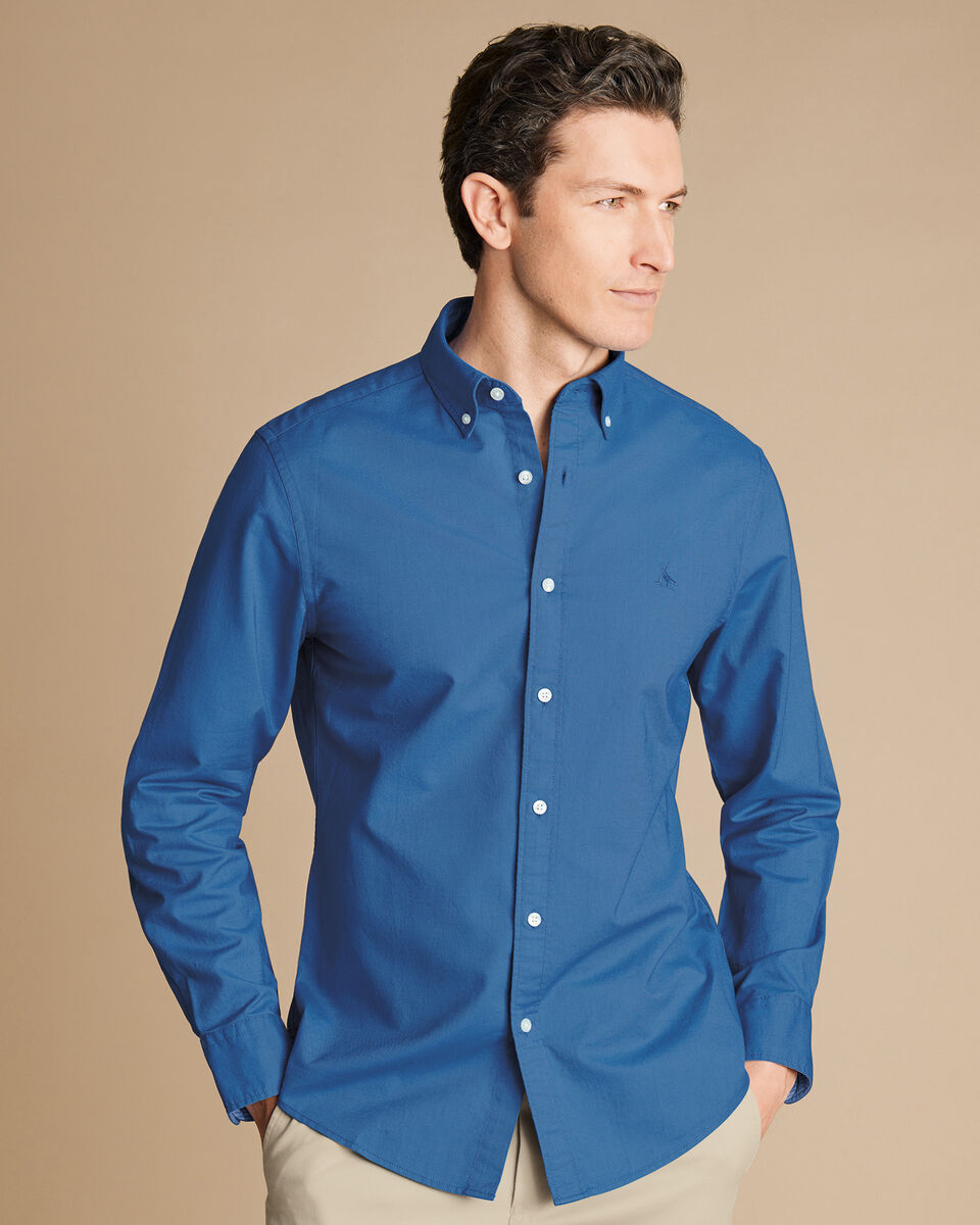Button-Down Collar Stretch Washed Oxford Slim Fit Shirt - Ocean Blue