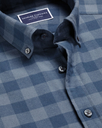 Slim Fit Button-Down Collar Brushed Flannel Gingham Shirt-Steel Blue