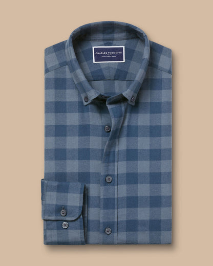 Slim Fit Button-Down Collar Brushed Flannel Gingham Shirt-Steel Blue