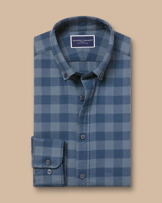 Slim Fit Button-Down Collar Brushed Flannel Gingham Shirt-Steel Blue