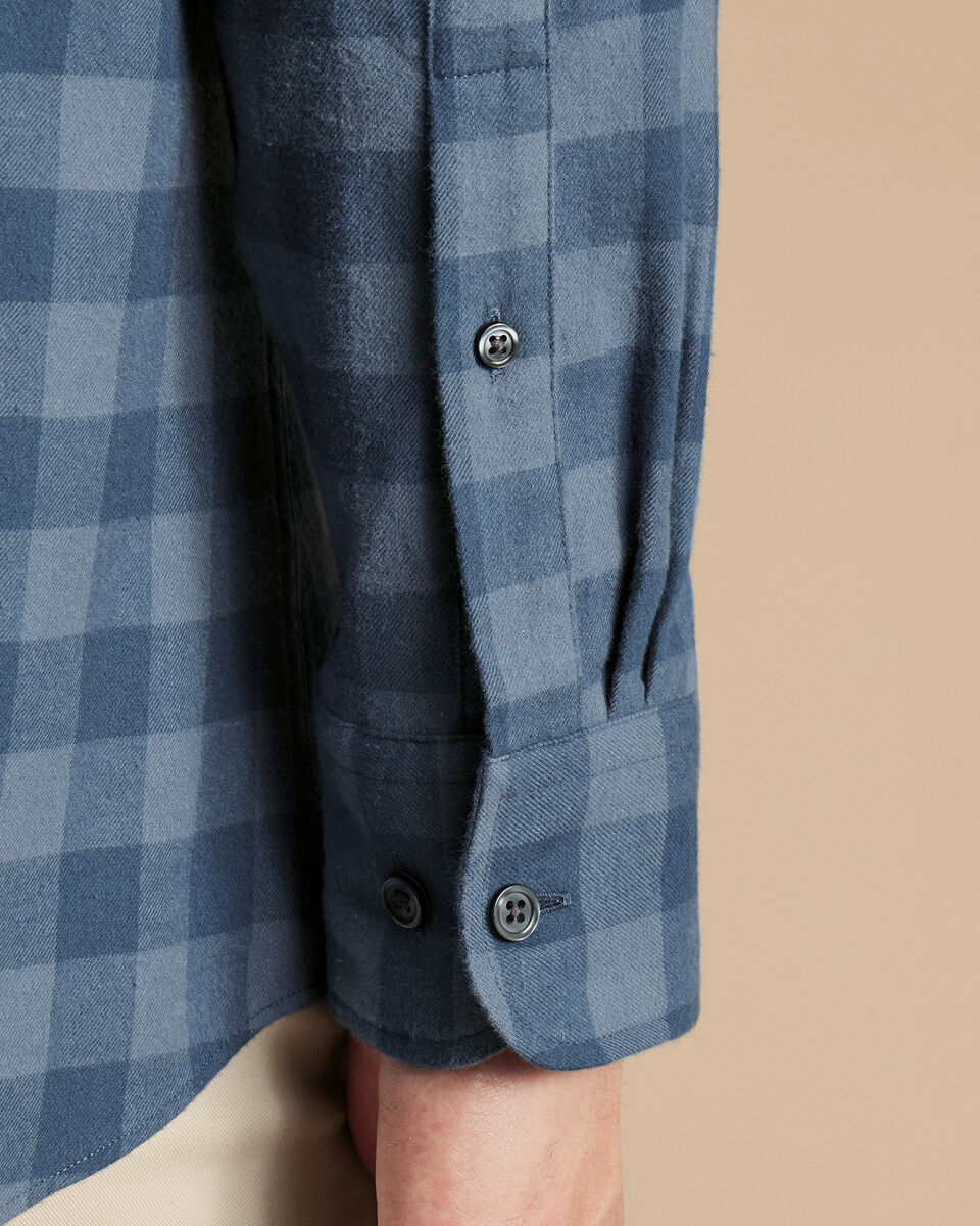 Slim Fit Button-Down Collar Brushed Flannel Gingham Shirt-Steel Blue