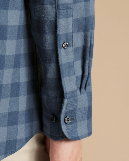Slim Fit Button-Down Collar Brushed Flannel Gingham Shirt-Steel Blue