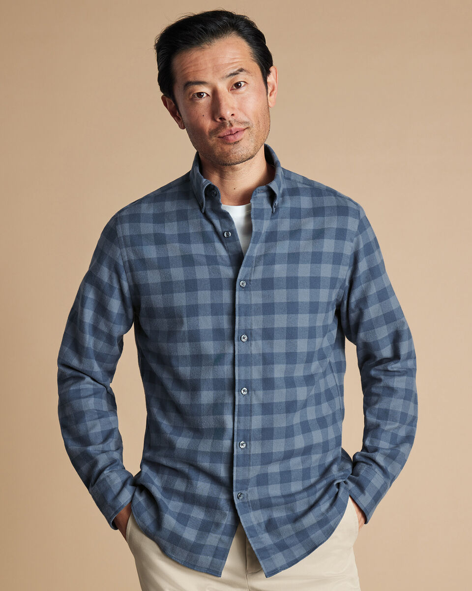 Slim Fit Button-Down Collar Brushed Flannel Gingham Shirt-Steel Blue