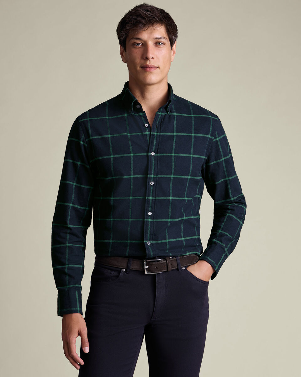 Brushed Flannel Check Shirt - Navy & Green