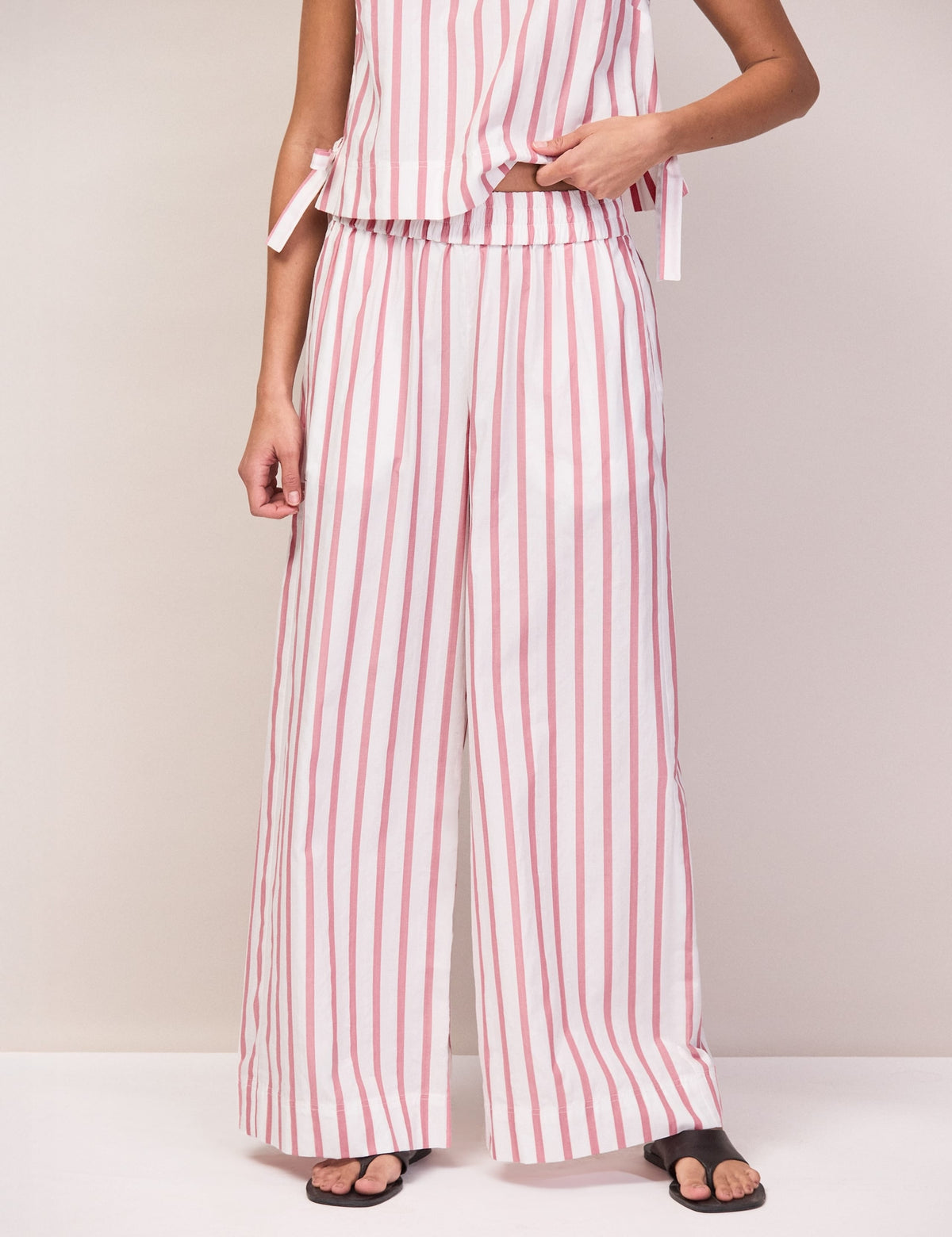 Pink Stripe Cotton Blend Tie Side Shell Top and Trousers Set