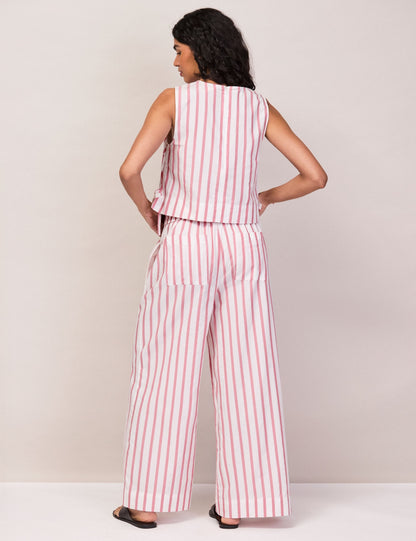 Pink Stripe Cotton Blend Tie Side Shell Top and Trousers Set