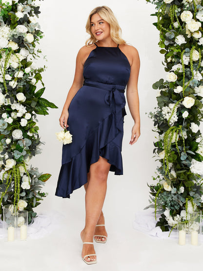 Halter Frill Satin Midi Dress Navy