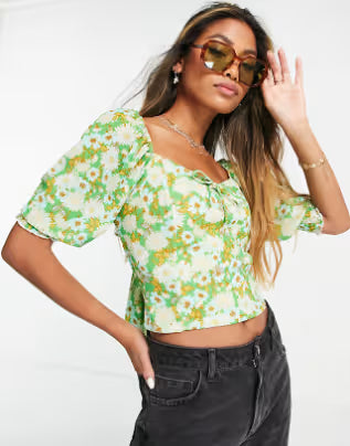 Topshop 70s bloom puff tie back top in green