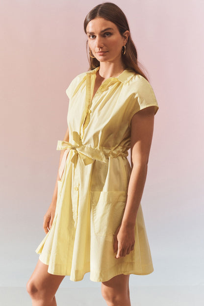 Yellow Short Sleeve Tie Waisted Mini Shirt Dress