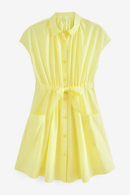 Yellow Short Sleeve Tie Waisted Mini Shirt Dress