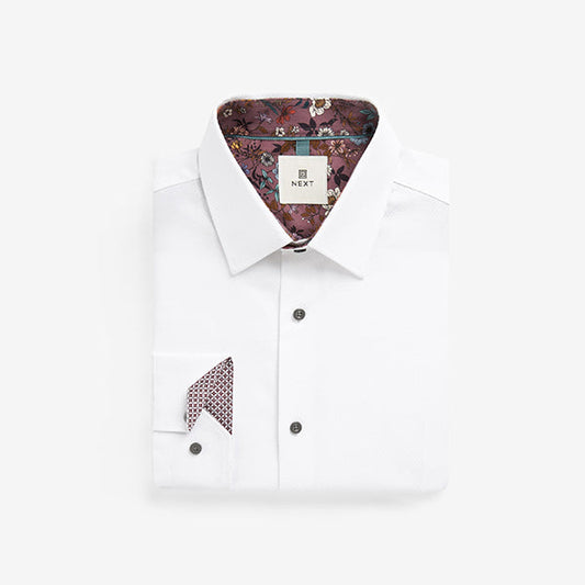 Textured Trimmed Single Cuff Slim Fit Shirt - White