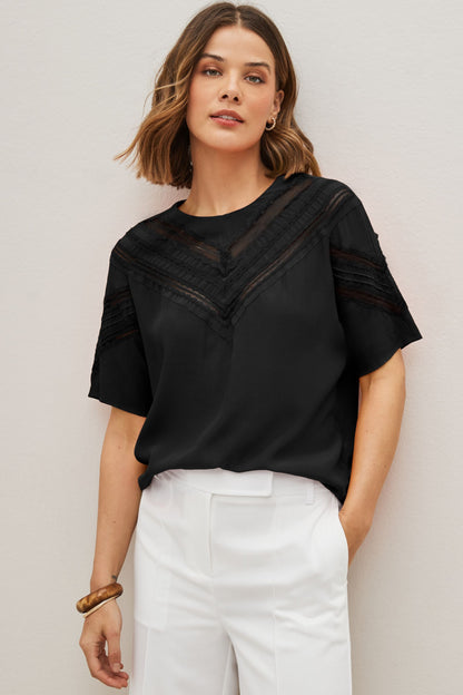 Black Lace Detail Short Sleeve Top