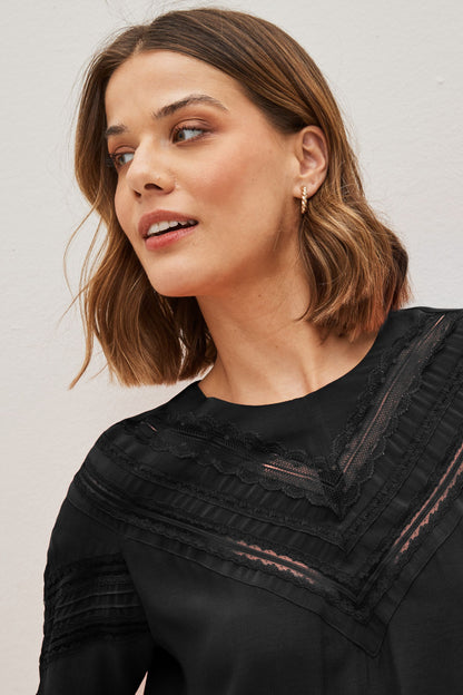 Black Lace Detail Short Sleeve Top