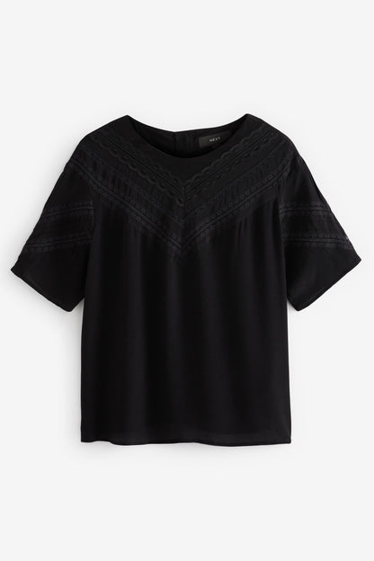 Black Lace Detail Short Sleeve Top