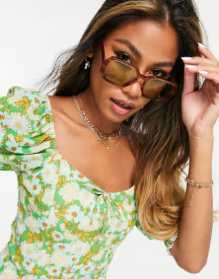 Topshop 70s bloom puff tie back top in green