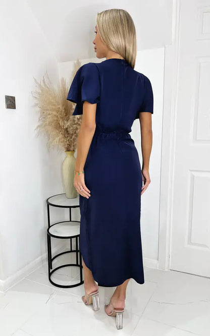 Navy Blue Short Sleeve V-Neck Gold Buckle Wrap Midi Dress