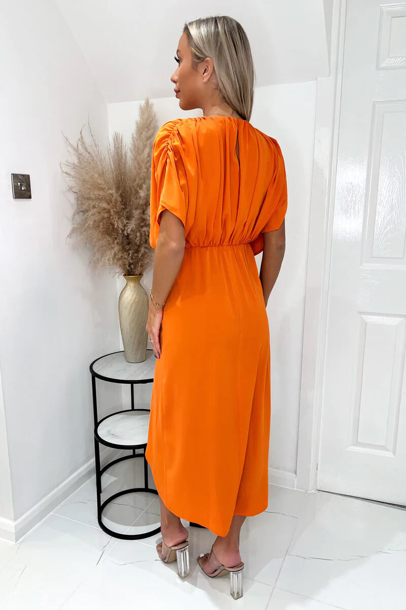 Orange Batwing Top Wrap Skirt Midi Dress