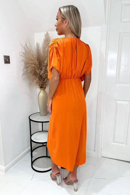 Orange Batwing Top Wrap Skirt Midi Dress