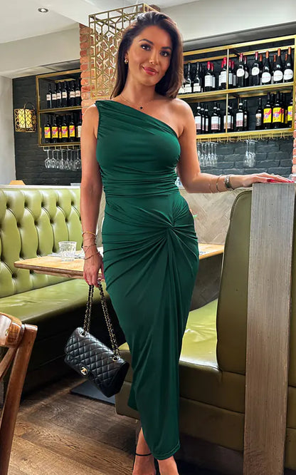 Teal One Shoulder Knot Skirt Midi Dress