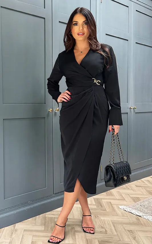 Black Wrap Gold Buckle Midi Dress