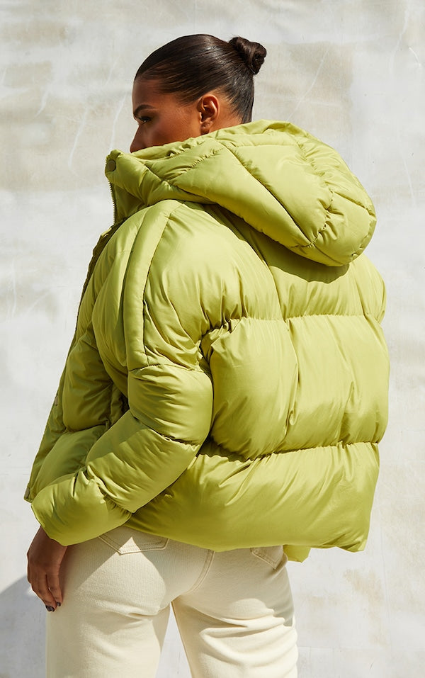 Green Nylon Oversized Curved Panel Wadded Puffer Jacket