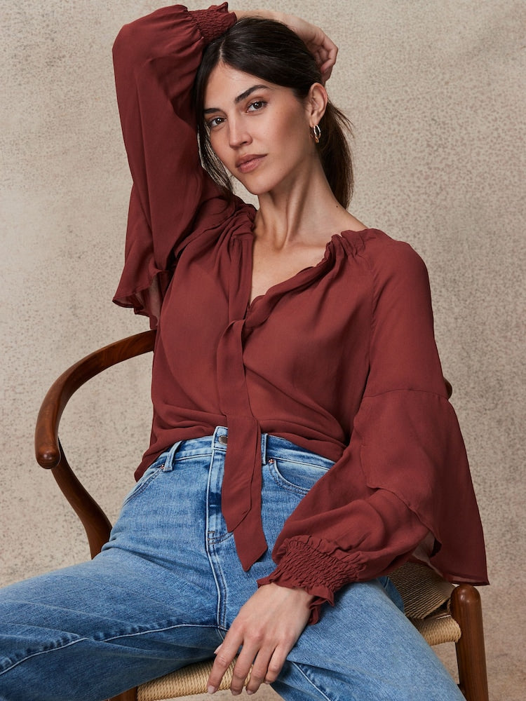 Rosewood Gathered Tie Neck Volume Sleeve Blouse