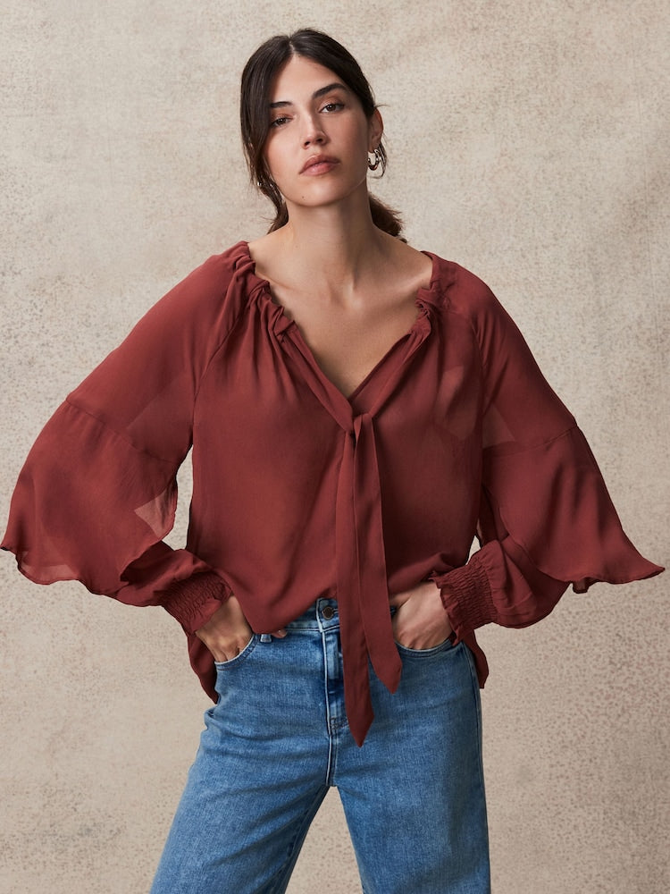 Rosewood Gathered Tie Neck Volume Sleeve Blouse