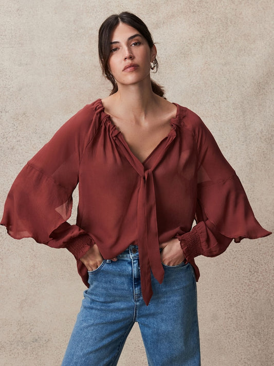 Rosewood Gathered Tie Neck Volume Sleeve Blouse