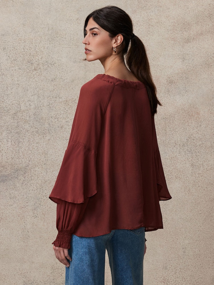 Rosewood Gathered Tie Neck Volume Sleeve Blouse