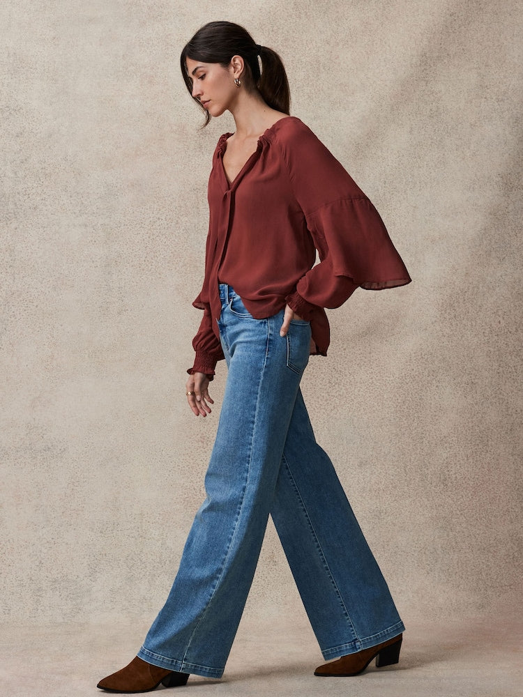 Rosewood Gathered Tie Neck Volume Sleeve Blouse