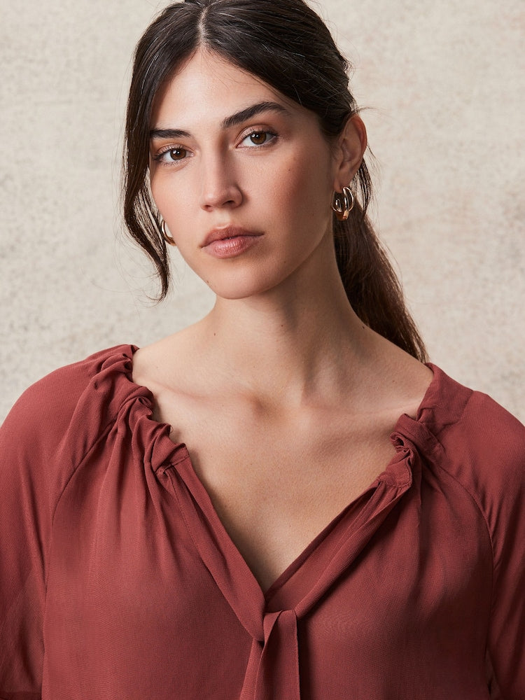 Rosewood Gathered Tie Neck Volume Sleeve Blouse
