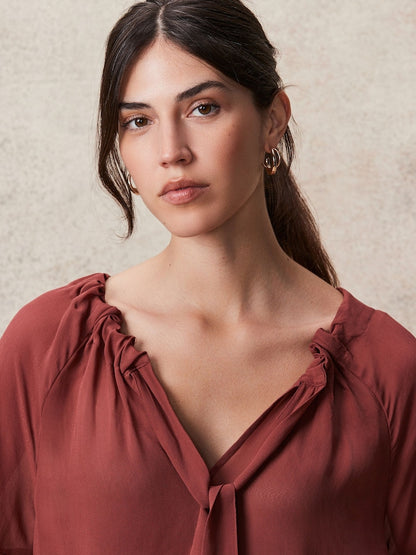 Rosewood Gathered Tie Neck Volume Sleeve Blouse