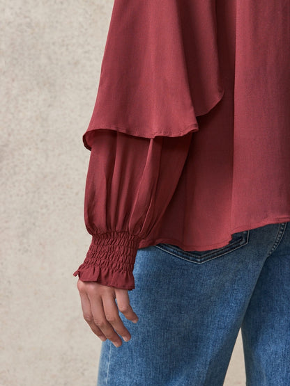 Rosewood Gathered Tie Neck Volume Sleeve Blouse