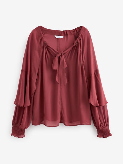 Rosewood Gathered Tie Neck Volume Sleeve Blouse