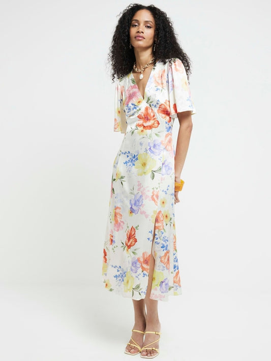 White satin floral swing midi dress