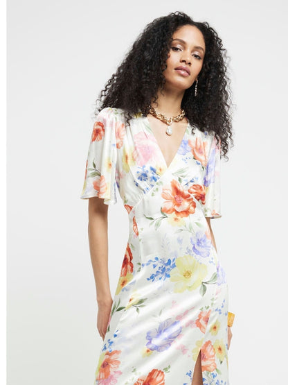 White satin floral swing midi dress