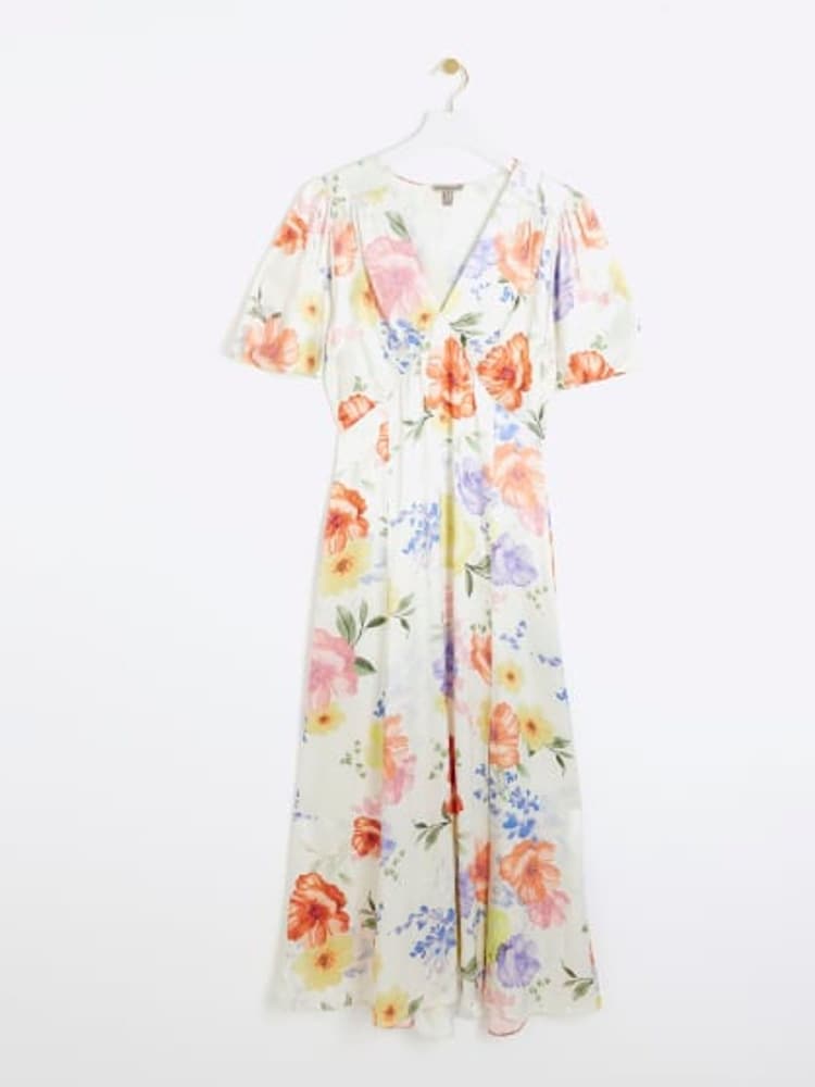 White satin floral swing midi dress