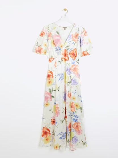 White satin floral swing midi dress