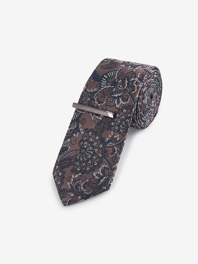 Neutral Brown / Blue Paisley Slim Design Tie