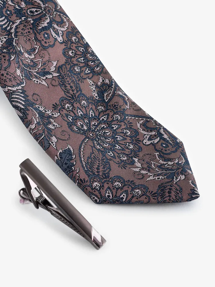 Neutral Brown / Blue Paisley Slim Design Tie