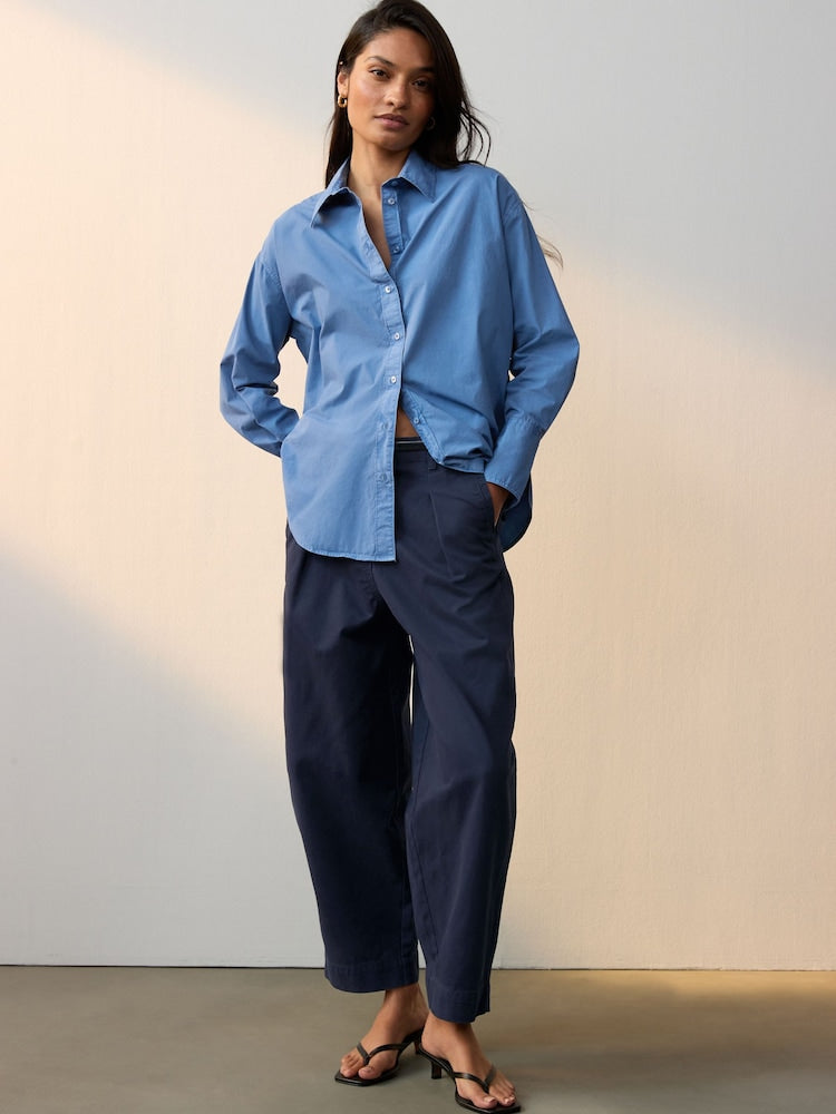 Navy 100% Cotton Barrel Leg Chinos