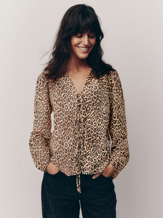 Leopard Tie Front Long Sleeve Top