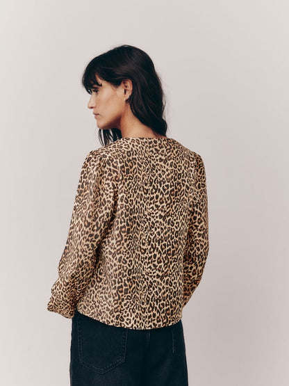 Leopard Tie Front Long Sleeve Top