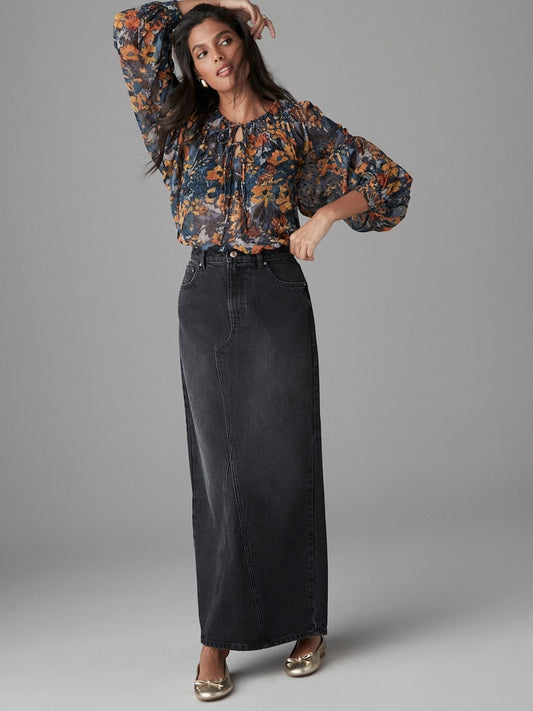 Black Maxi Denim 100% Cotton Skirt