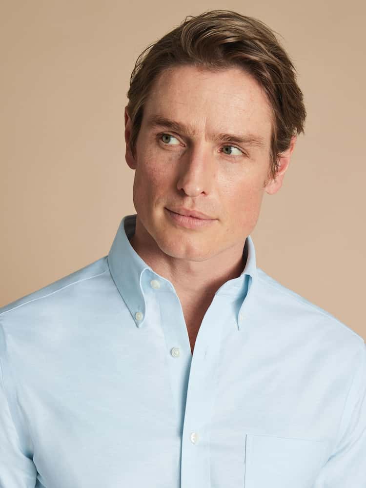 Button-Down Non-Iron Plain Stretch Oxford Slim Fit Shirt - Blue