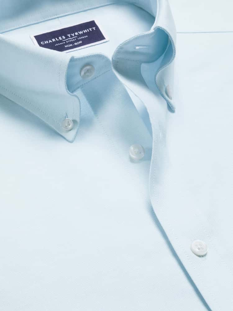 Button-Down Non-Iron Plain Stretch Oxford Slim Fit Shirt - Blue
