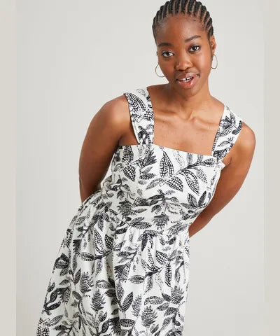 Mono Leaf Print Poplin Midi Sundress