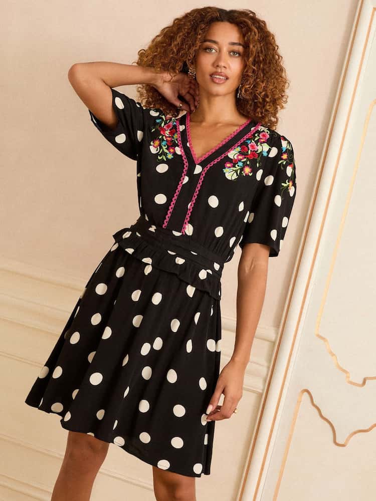 Black Polka Dot Embroidered V-Neck Peplum Mini Dress