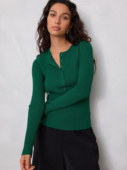 Dark Green Ribbed Crew Neck Long Sleeve Henley Jumper